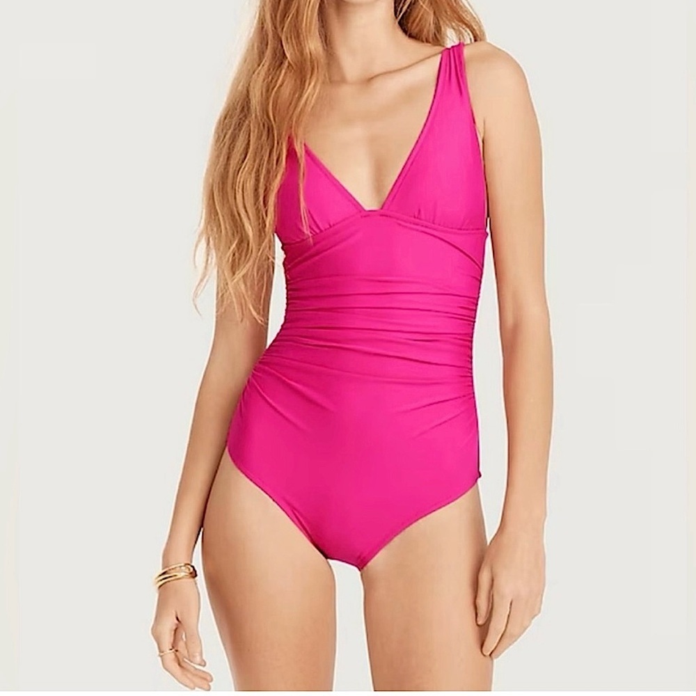 J. Crew New Radiant Fuchsia V-Neck UPF 50 Ruched One Piece Swimsuit